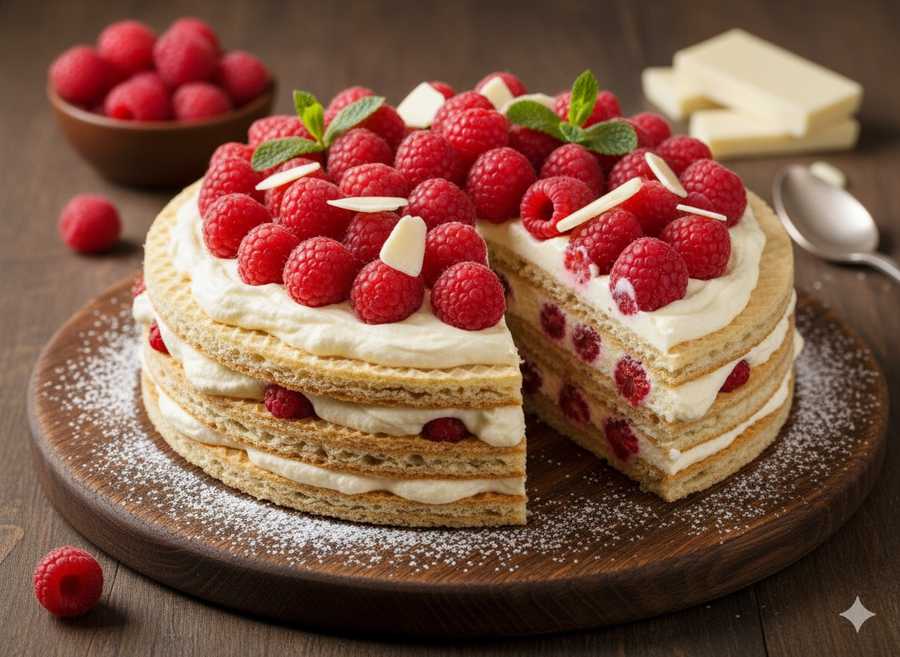 Torcik waflowy z białą czekoladą i malinami