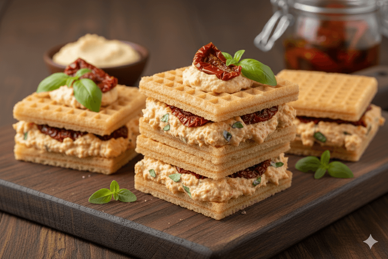 Wafle z pastą serową i suszonymi pomidorami