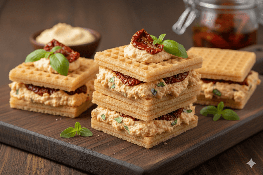 Wafle z pastą serową i suszonymi pomidorami