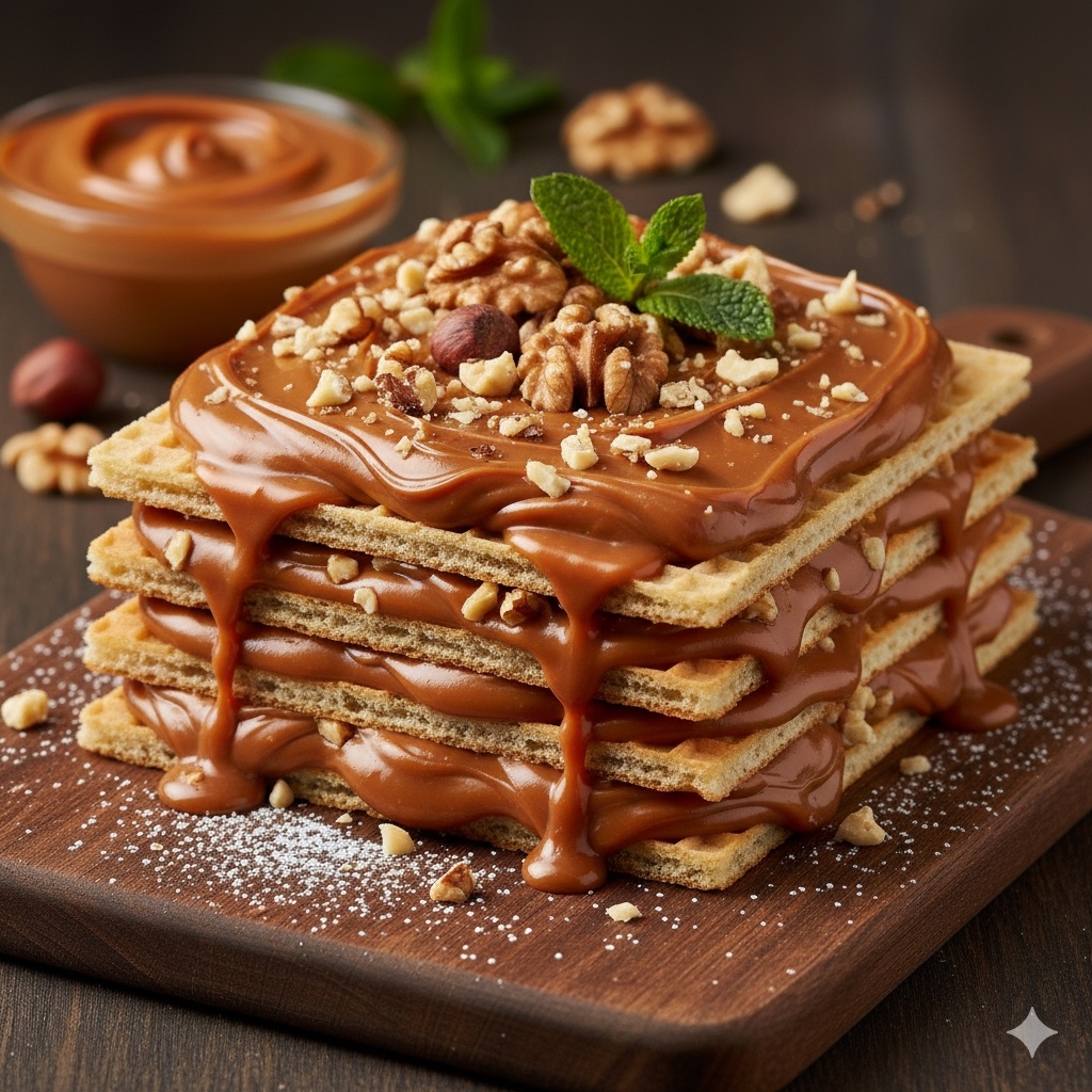 Wafle z masą kajmakową i orzechami