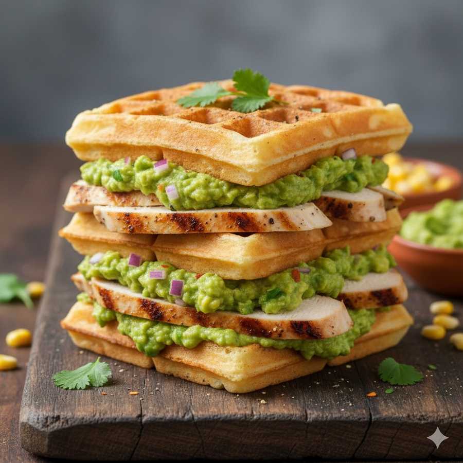 Wafle z guacamole i grillowanym kurczakiem