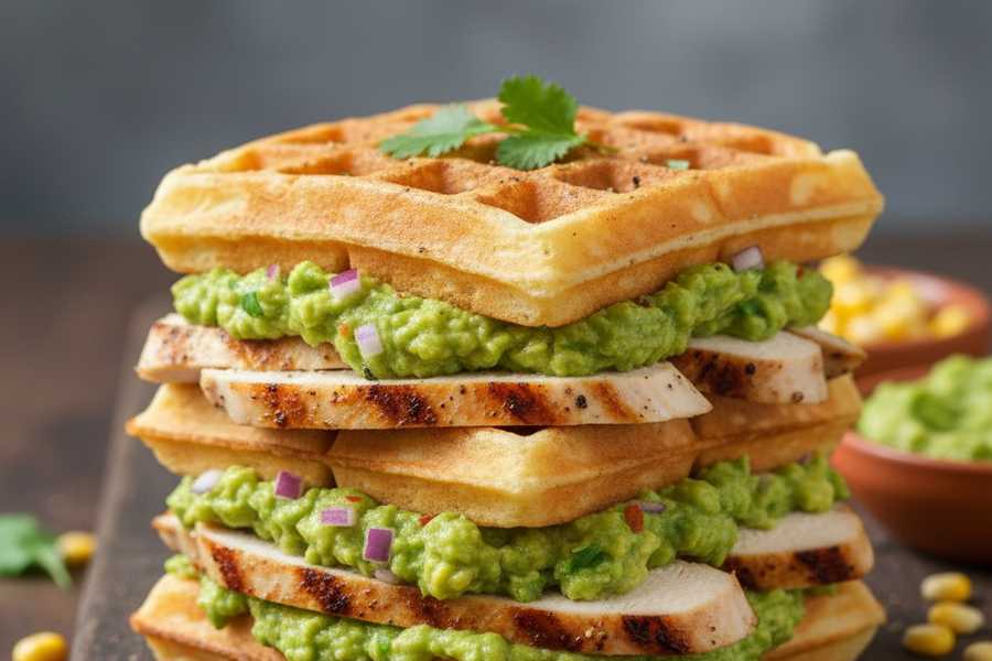 Wafle z guacamole i grillowanym kurczakiem