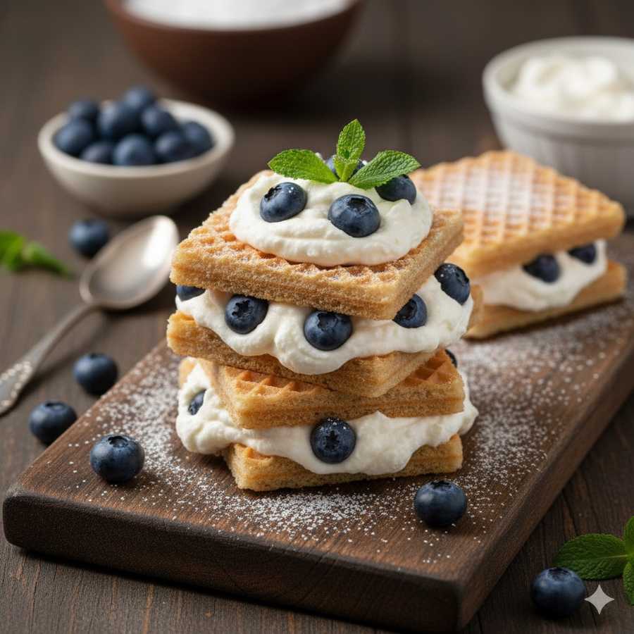 Wafle z kremem mascarpone i borówkami