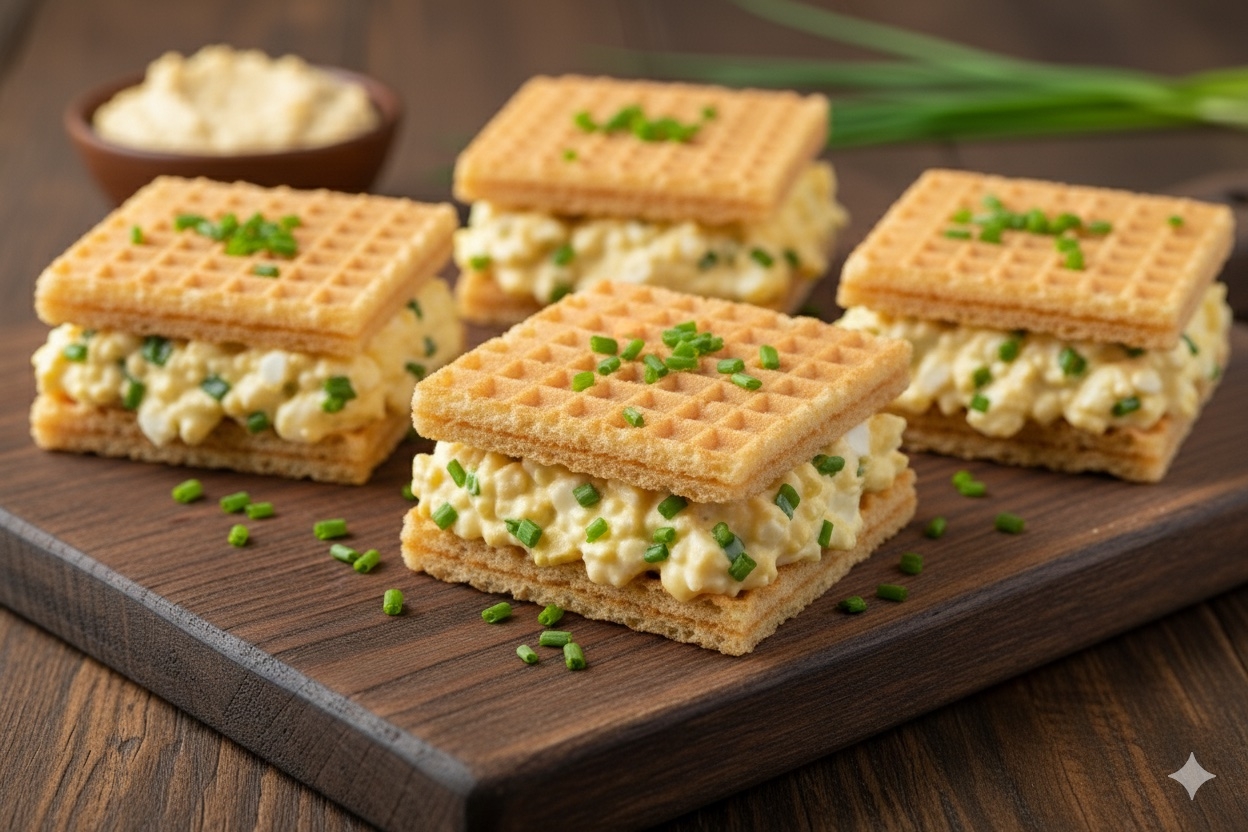Wafle z pastą jajeczną i szczypiorkiem